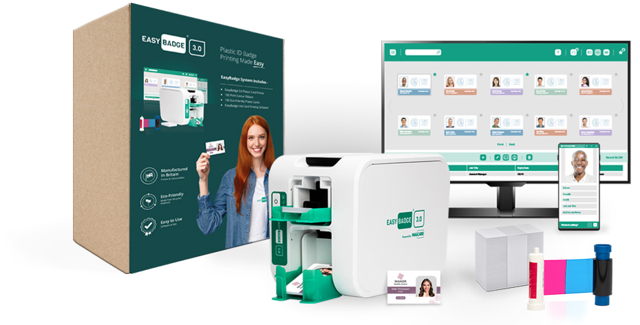 The EasyBadge System includes an ID Printer, EasyBadge Software, 200 cards and a ribbon that can print 200 cards