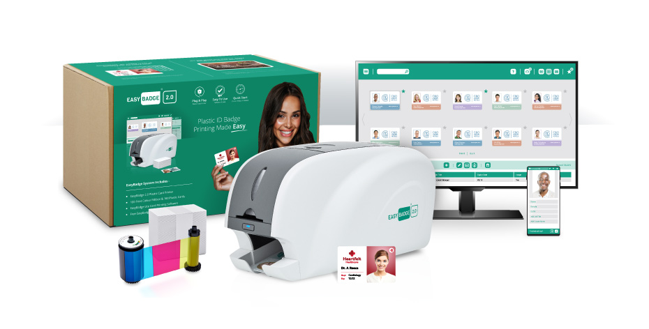 The EasyBadge System includes an ID Printer, Easybadge Software, 200 cards and a ribbon that can print 200 cards