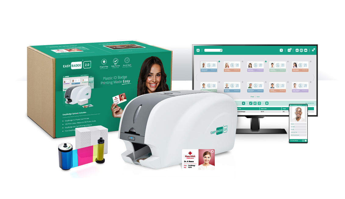 The EasyBadge System includes an EasyBadge Printer, Software, 200 cards and ribbon to print