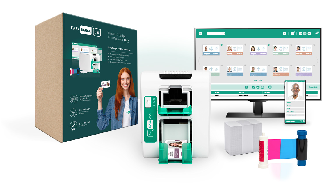 The EasyBadge System includes an EasyBadge Printer, Software, 100 cards and ribbon to print
